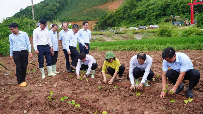 Lãnh đạo tỉnh Lào Cai tham gia chương trình khởi động khôi phục nghề trồng dâu nuôi tằm tại huyện Bảo Yên. Ảnh: Lưu Hòa.