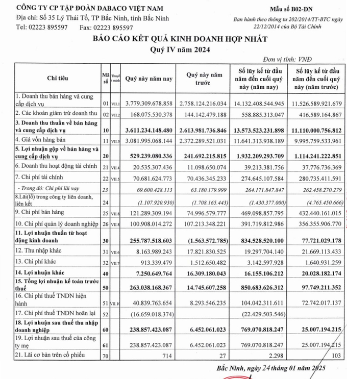 Báo cáo kết quả kinh doanh hợp nhất quý IV/2024 của Công ty CP Tập đoàn Dabaco Việt Nam.