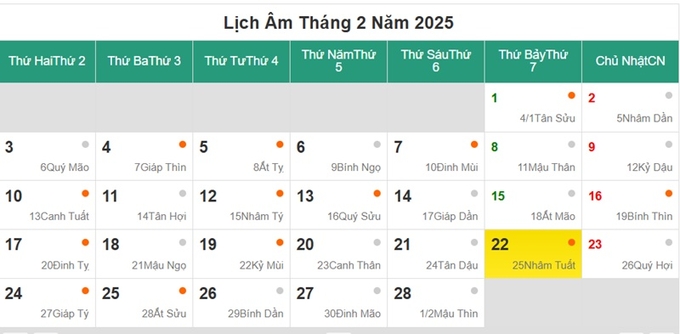 Lịch âm 22/2/2025, xem âm lịch hôm nay Thứ 7 ngày 22/2/2025