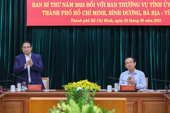 Thủ tướng Phạm Minh Chính chủ trì Hội nghị công bố quyết định kiểm tra năm 2025 đối với các Ban Thường vụ Thành ủy, Tỉnh ủy các địa phương: TPHCM, Bình Dương, Bà Rịa - Vũng Tàu. Ảnh: VGP.