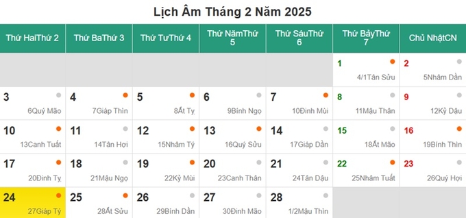 Lịch âm 24/2/2025, xem âm lịch hôm nay Thứ 2 ngày 24/2/2025