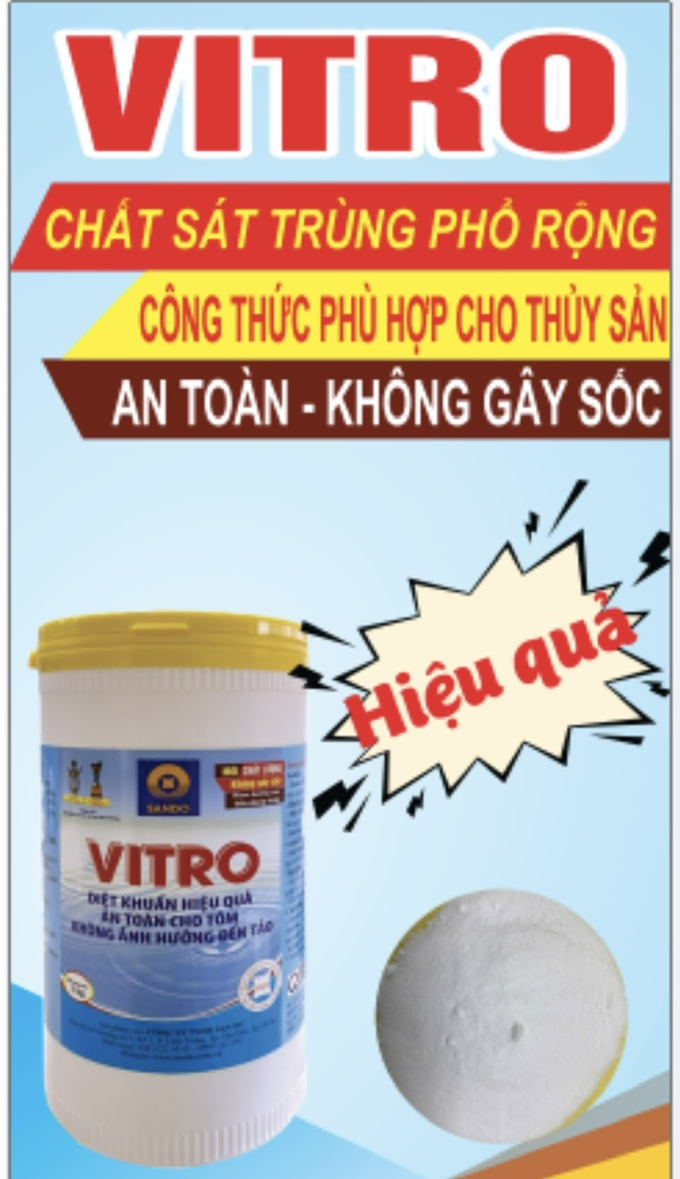 Sản phẩm Vibrio chất sát trùng phổ rộng phù hợp cho nuôi trồng thủy sản, an toàn và không gây sốc. Ảnh: Gia Phú.