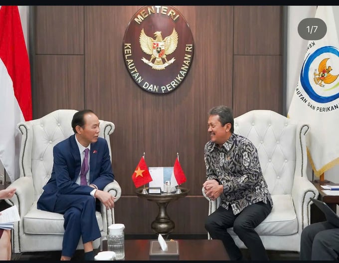 Deputy Minister of Agriculture and Environment Phung Duc Tien (left) held a bilateral meeting with Indonesian Minister of Maritime Affairs and Fisheries Sakti Wahyu Trenggono. Photo: ICD.