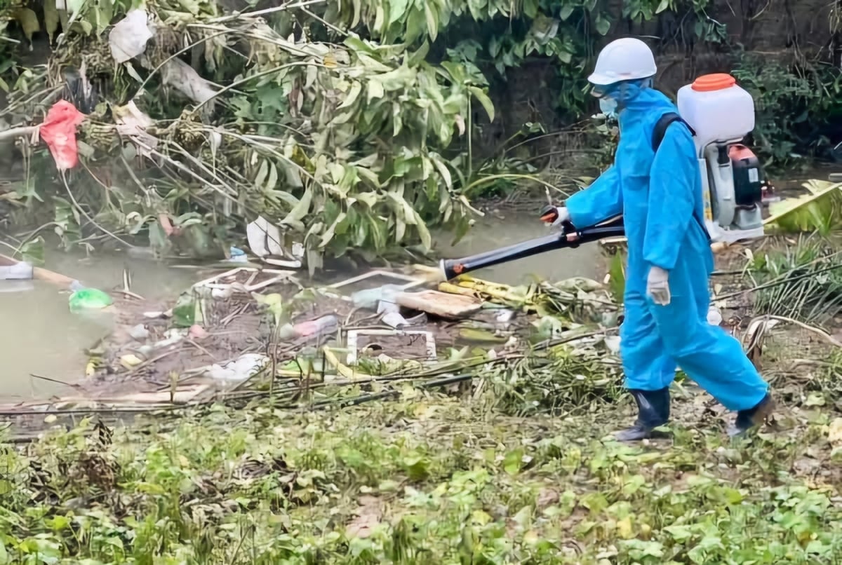 Staff of Uong Bi Agricultural Technical Service Center spraying disinfectants to prevent disease. Photo: Vu Cuong.