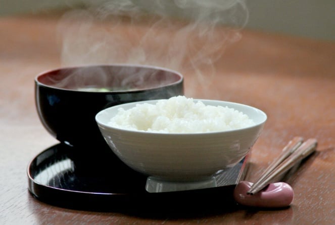 File photo shows a bowl of steamed rice and miso soup. Kyodo.