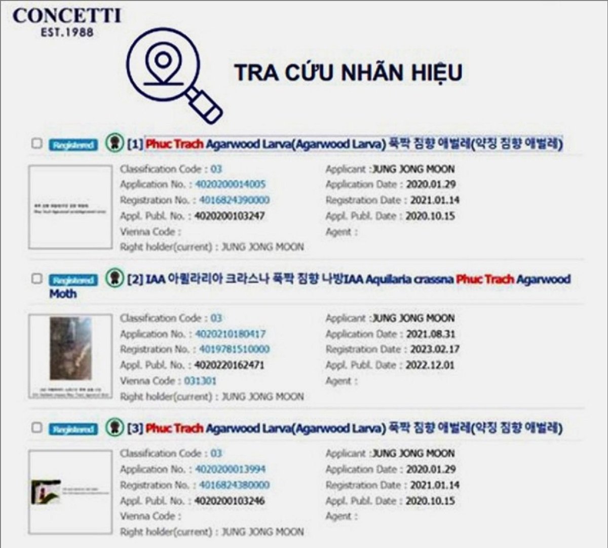 The brand 'Phuc Trach Agarwood Larva' has been protected in South Korea. Photo: TN.