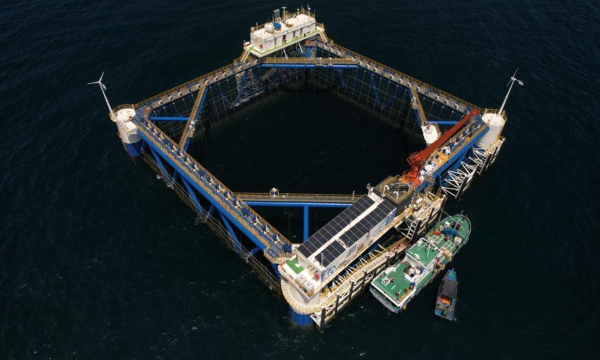 This file photo shows a marine ranch with eight giant aquaculture cages located 42 nautical miles off the coast of Yantai in east China's Shandong Province. 