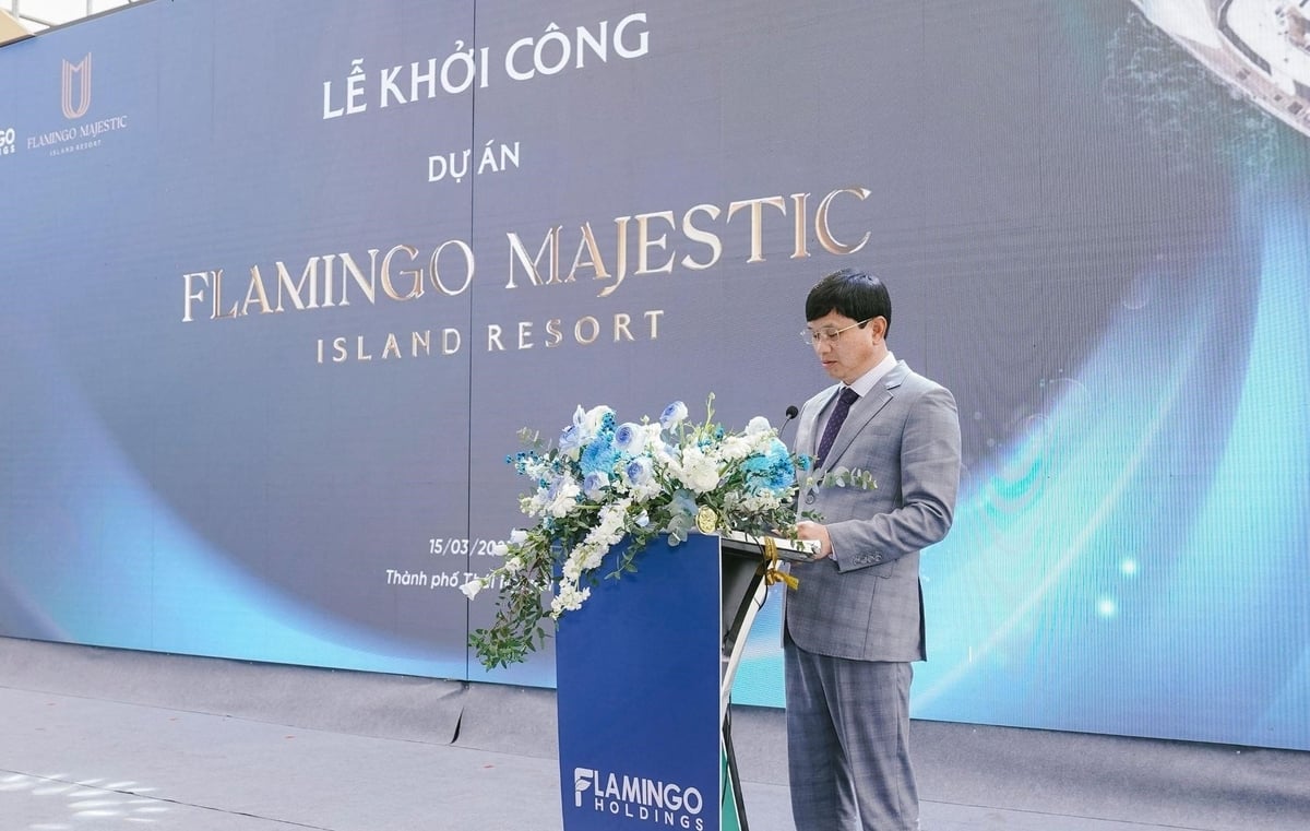 Ông Trần Trọng Bình, Chủ tịch Hội đồng quản trị Tập đoàn Flamingo Holdings phát biểu tại Lễ khởi công. Ảnh: Flamingo.