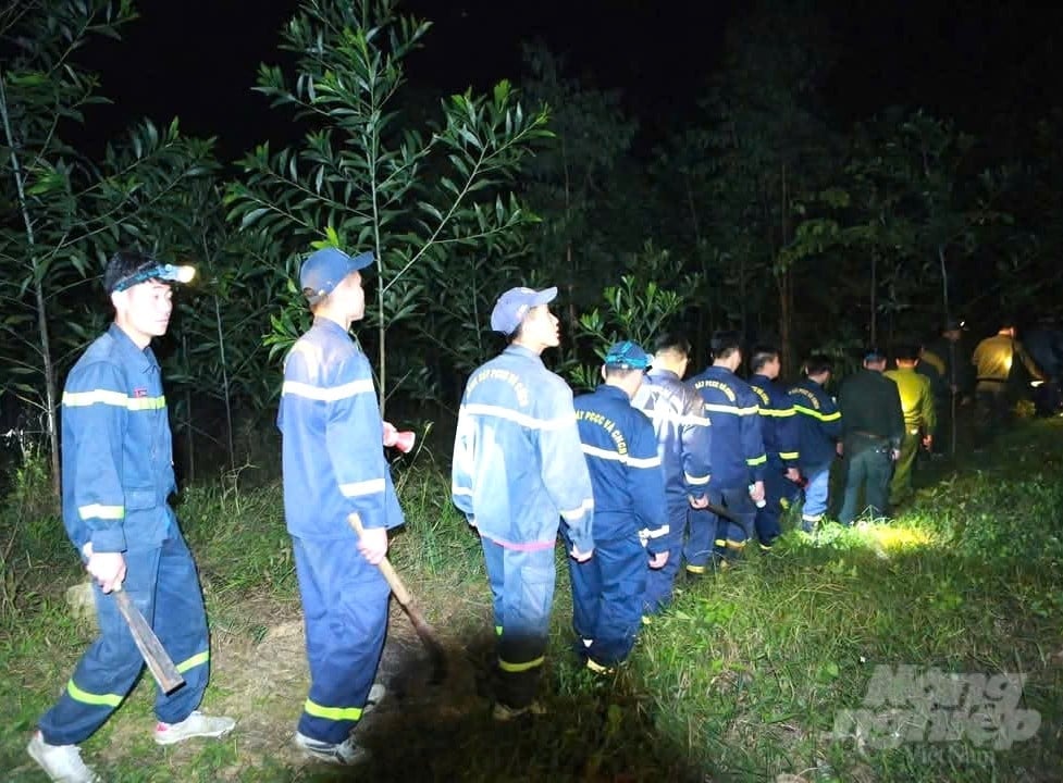 Đoàn người hối hả trong đêm khuya tham gia chữa cháy rừng. Ảnh: Quang Linh.