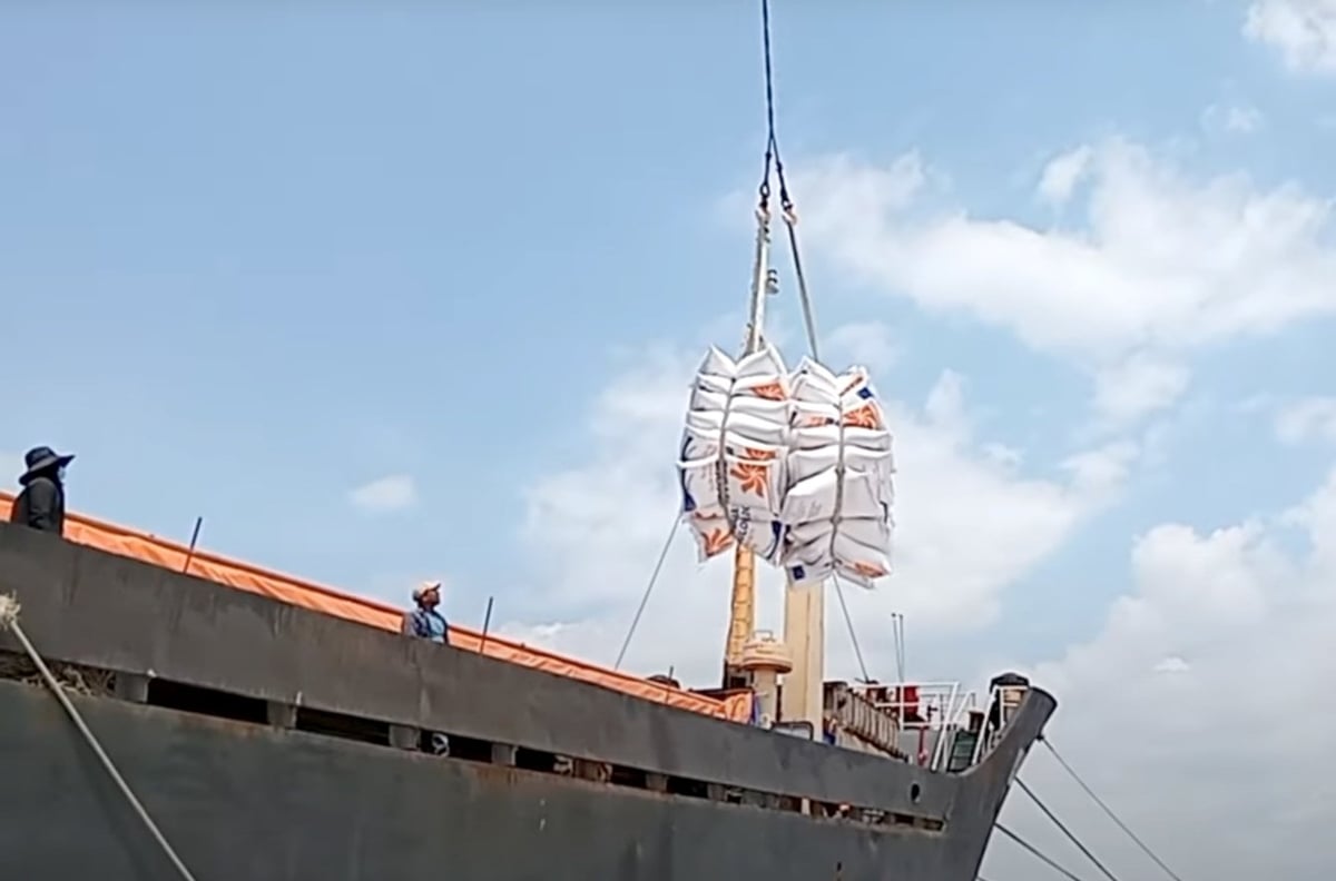 Loading export rice onto the ship. Photo: Son Trang.