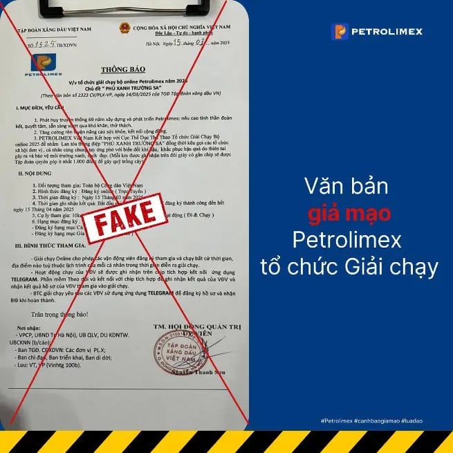 Văn bản giả mạo Petrolimex tổ chức giải chạy. Ảnh: Petrolimex.