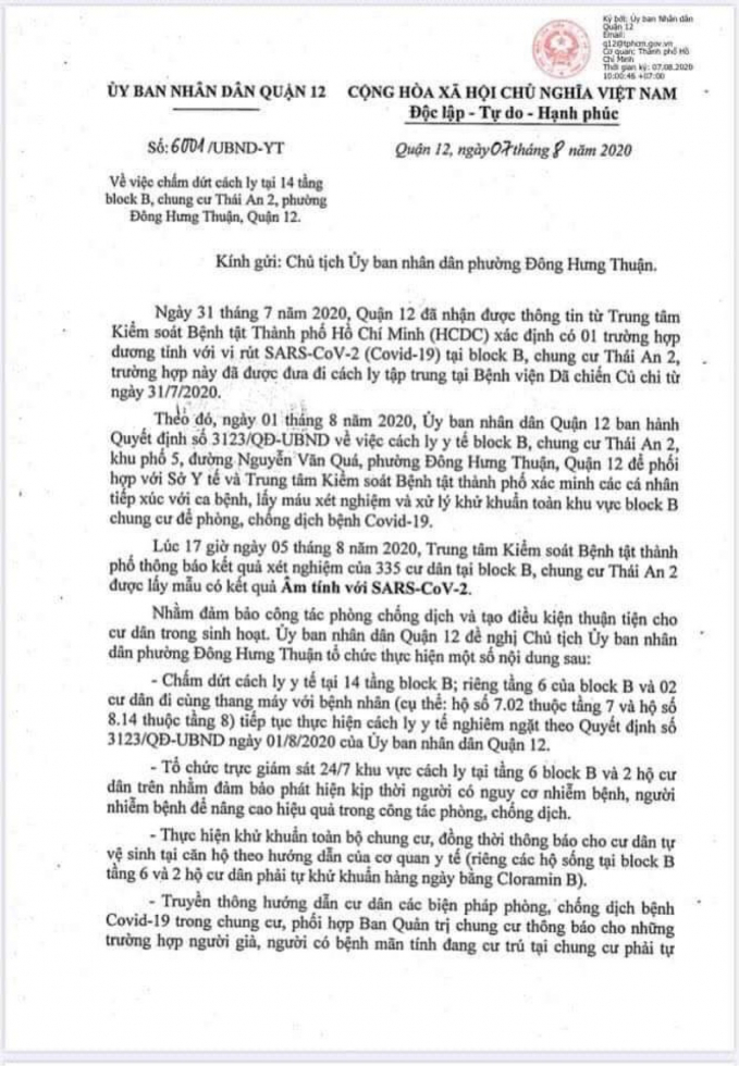 Công văn đề nghị chấm dứt cách ly y tế 14/15 tầng thuộc Block B của chung cư Thái An 2. Ảnh: cơ quan chức năng.