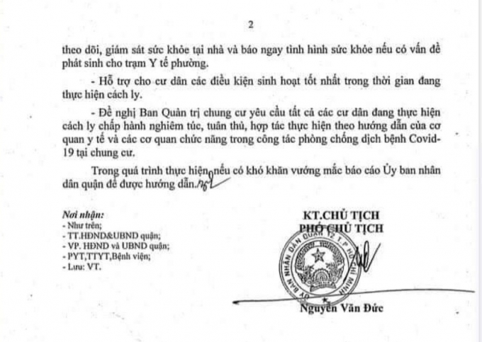 Công văn đề nghị chấm dứt cách ly y tế 14/15 tầng thuộc Block B của chung cư Thái An 2. Ảnh: cơ quan chức năng.