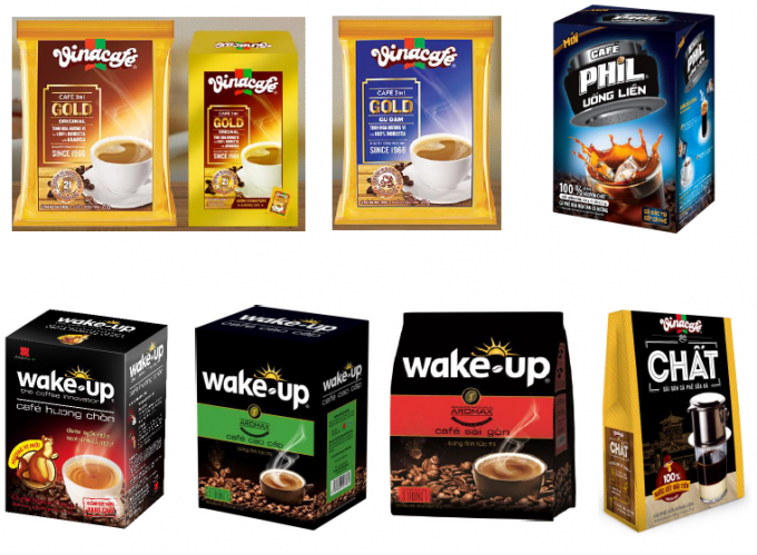 Cà phê rang xay mang thương hiệu Vinacafe và Wake-up.