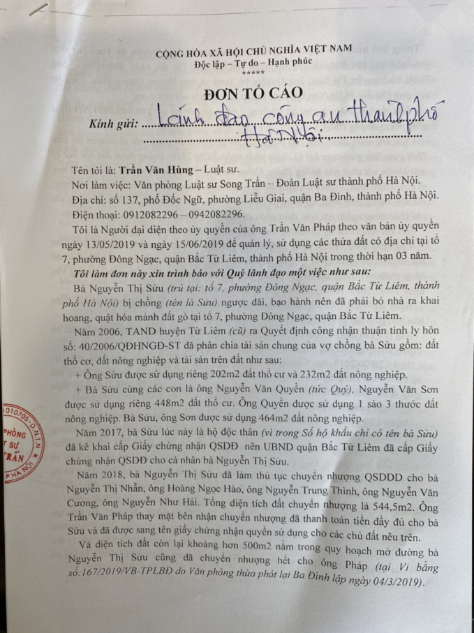 Văn phòng Luật sư Song Trần có đơn gửi Lãnh đạo Công an TP Hà Nội