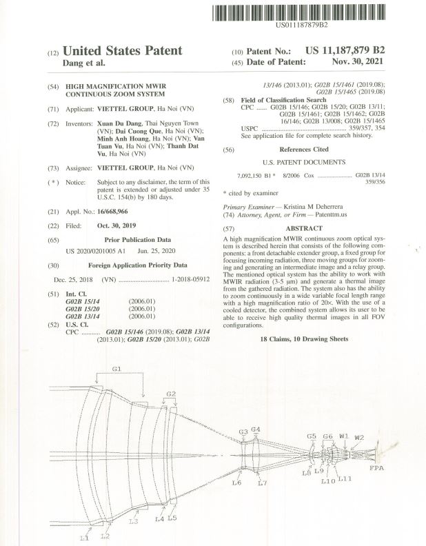 Viettel được công nhận bằng Sáng chế mã hiệu US 11,187,879 về Ống kính hồng ngoại sóng trung zoom liên tục tỷ số zoom lớn