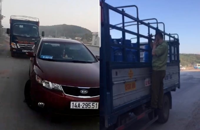 Quản lý thị trường Quảng Ninh dùng ô tô 'không rõ nguồn gốc' chèn ép, kiểm tra chiếc ô tô chở gas từ tỉnh khác vào Quảng Ninh. Ảnh tư liệu