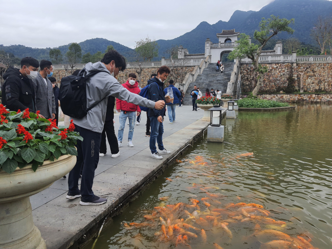 Hai du khách nước ngoài đang thích thú cho cá ăn