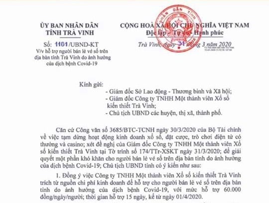 Chủ tịch UBND tỉnh Trà Vinh đồng ý việc công ty TNHH MTV XSKT Trà Vinh hỗ trợ người lao động 60.000 đồng/ngày/người do ảnh hưởng của dịch bệnh Covid-19. Ảnh: MĐ.