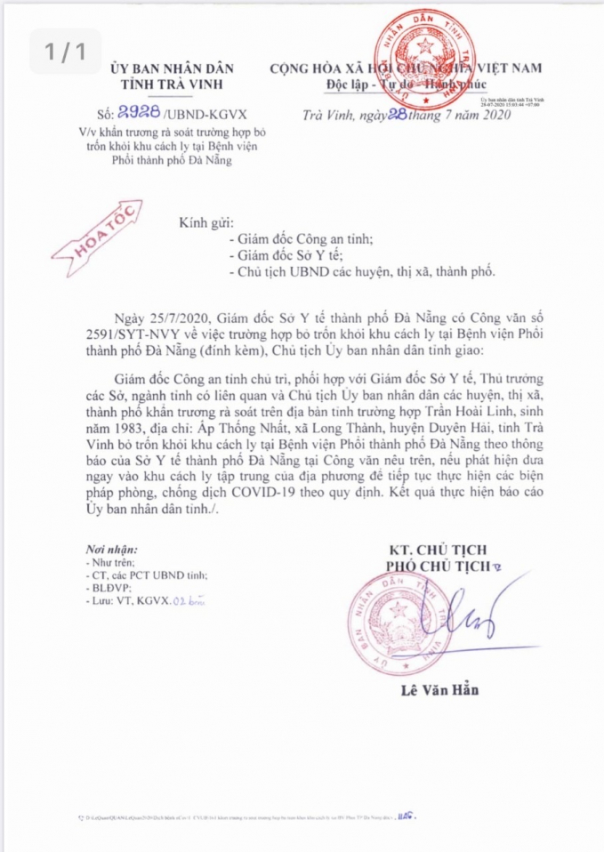 Công văn của UBND tỉnh Trà Vinh yêu cầu các ngành chức năng truy tìm Trần Hoài Linh, quê quán: Duyên Hải, Trà Vinh bỏ trốn khỏi khu cách ly Bệnh viện Phổi Đà Năng. Ảnh: UBND tỉnh Trà Vinh.
