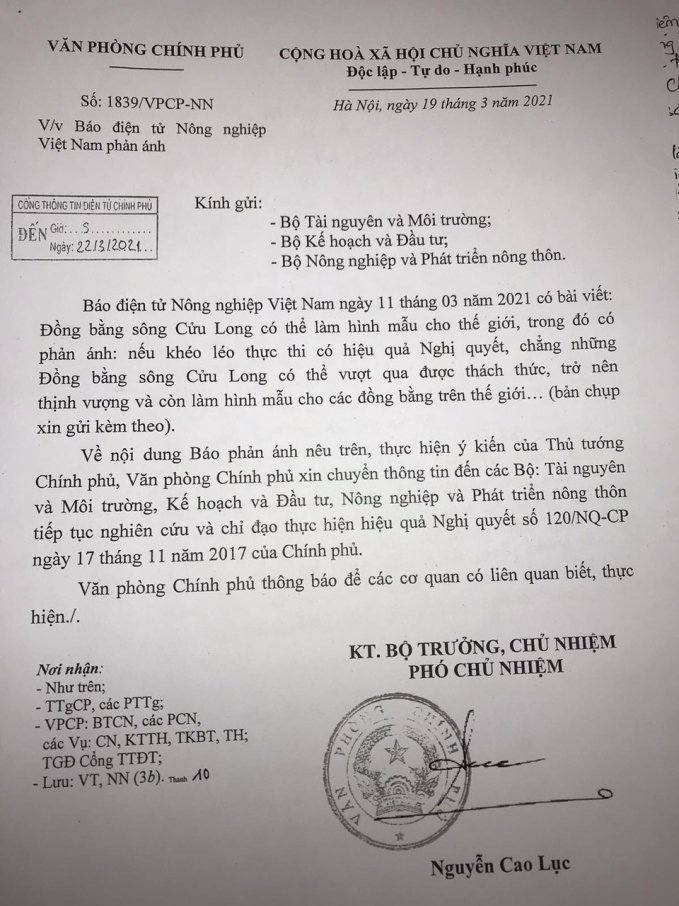Document citing the Prime Minister’s request sent to Ministries. Photo: Tung Dinh.