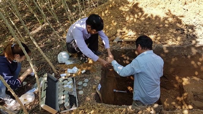 Scientists at the Institute of Agrochemical Soil is collecting the soil for analysis. Photo: SFRI.