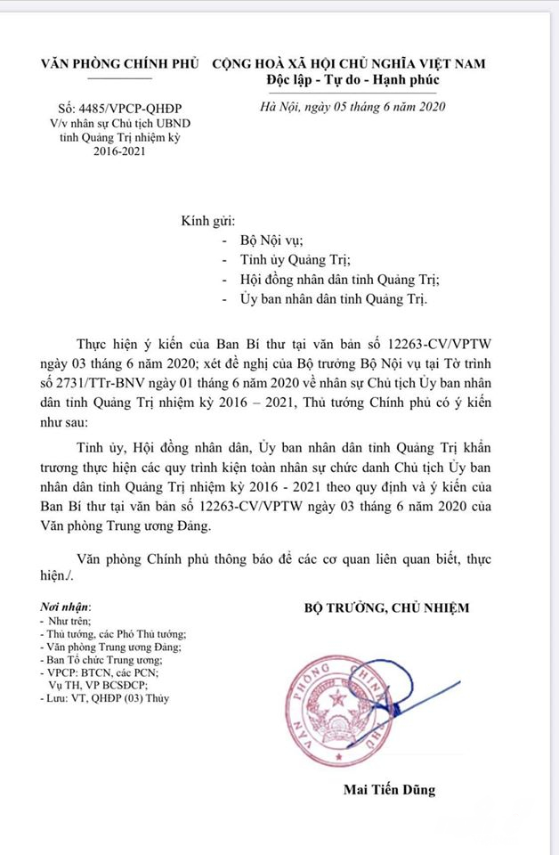 Công văn truyền đạt ý kiến của Thủ tướng Chính phủ về nhân sự Chủ tịch UBND tỉnh Quảng Trị. Ảnh: QT.