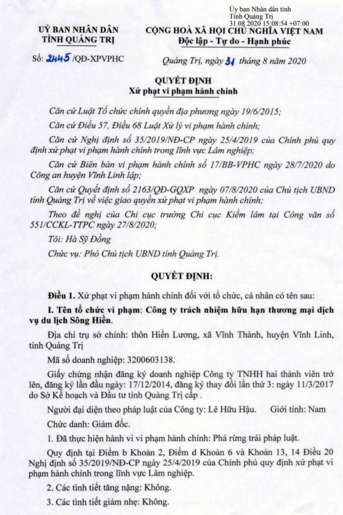 Một phần văn bản xử phạt hành chính đối với Công ty Sông Hiền của UBND tỉnh Quảng Trị. Ảnh: CĐ.