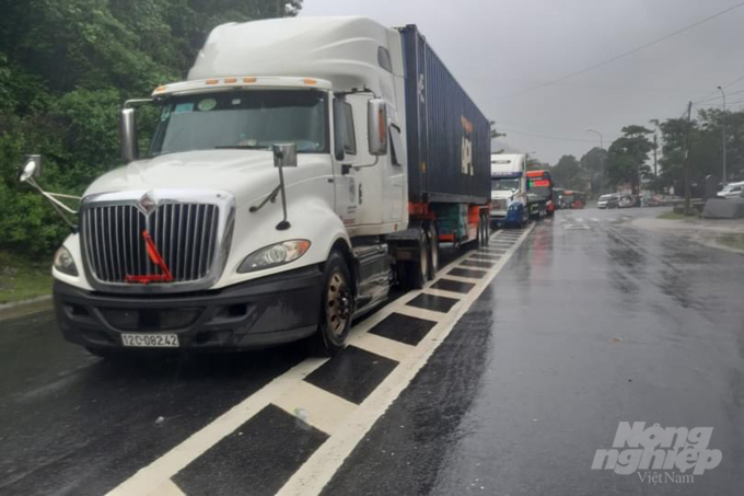 Hàng trăm xe tải lớn nhỏ nằm kẹt cứng trên Quốc lộ 9 vì không thể tiếp tục di chuyển. Ảnh: CĐ