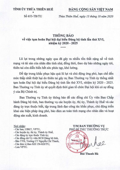 Thông báo của Tỉnh ủy Thừa Thiên - Huế về việc hoãn Đại hội Đảng bộ tỉnh.