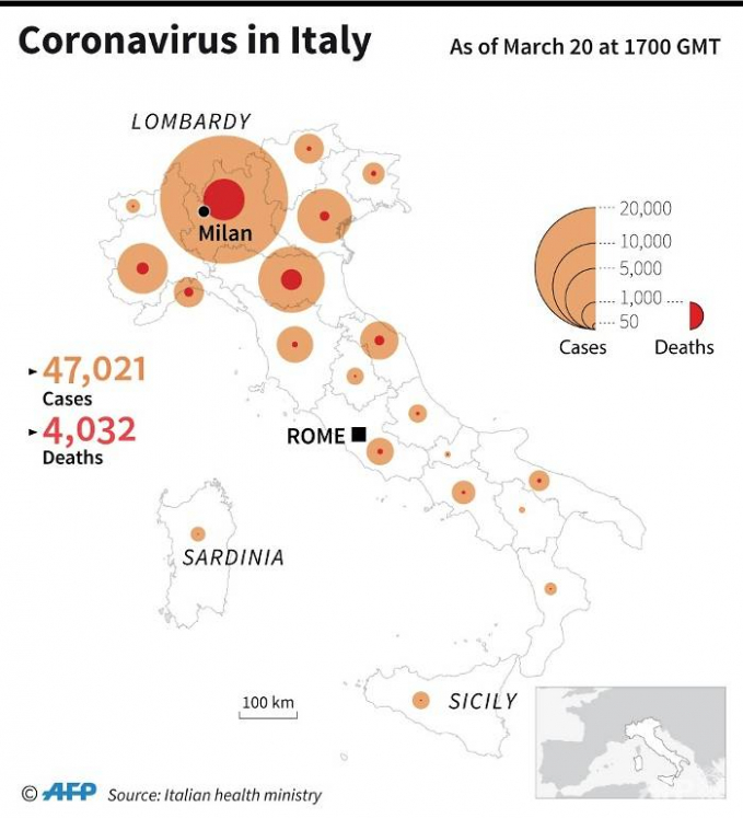 Bản đồ vùng dịch ở Italy. Đồ họa: Bộ Y tế Italy/AFP