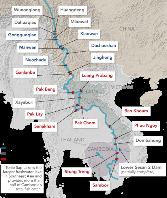 Bản đồ mô tả hệ thống đập thủy điện trên sông Mekong. Ảnh: Pinterest