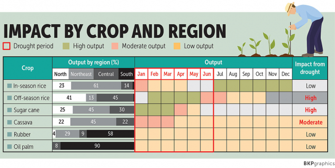 Biểu đồ mô tả hạn hán tác động đến năng suất từng khu vực sản xuất nông nghiệp ở Thái Lan. Đồ họa: BKP