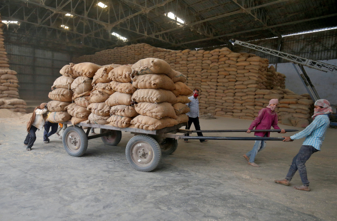 Công nhân đóng bao gạo tại một nhà máy ở ngoại ô thành phố Ahmedabad, Ấn Độ. Ảnh: Reuters