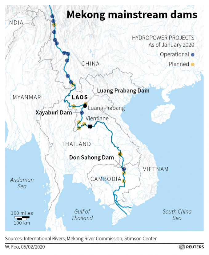 Bản đồ mô tả hệ thống đập thủy điện trên dòng chính Mekong. Đồ họa: International Rivers