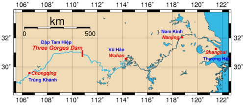 Vị trí đập Tam Hiệp và các tỉnh thành chính trên lưu vực sông Dương Tử. Đồ họa: GT