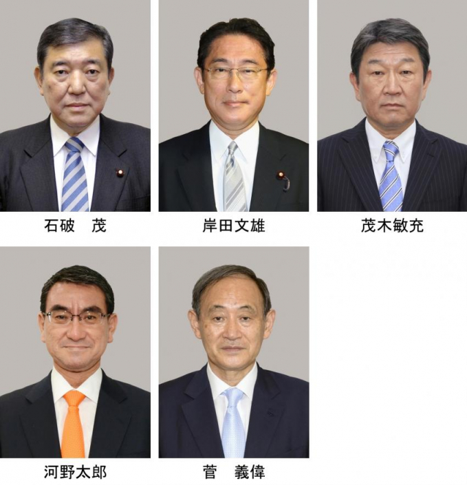 Các ứng cử viên tiềm năng, người kế vị Thủ tướng Shinzo Abe (ảnh từ trên xuống theo chiều kim đồng hồ) Shigeru Ishiba, Fumio Kishida, Toshimitsu Motegi, Yoshihide Suga và Taro Kono  Ảnh: KyodoNews