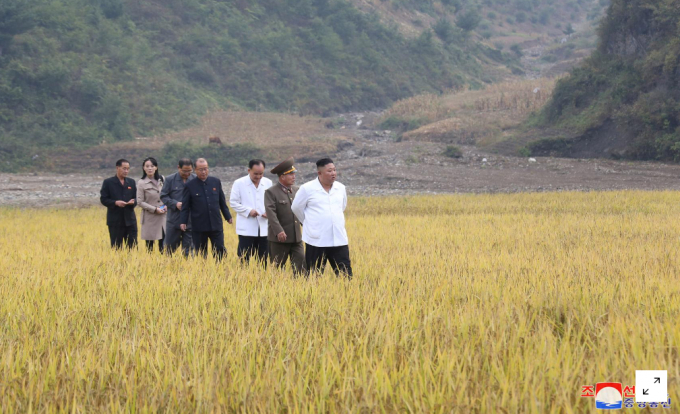 Hình ảnh ông Kim Jong-un xuất hiện cùng người em gái trên cánh đồng lúa. Ảnh: KCNA