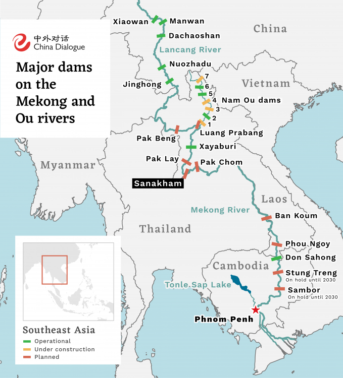 Bản đồ mô tả hệ thống đập thủy điện trên dòng Mekong (màu xanh là dự án đã vận hành, màu vàng là đang xây dựng và màu đỏ là đã quy hoạch). Đồ họa: Chinadialogue