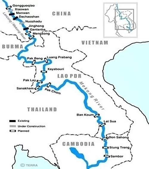 Sơ đồ các dự án đập thủy điện dày đặc trên dòng Mekong. Đồ họa: MRC