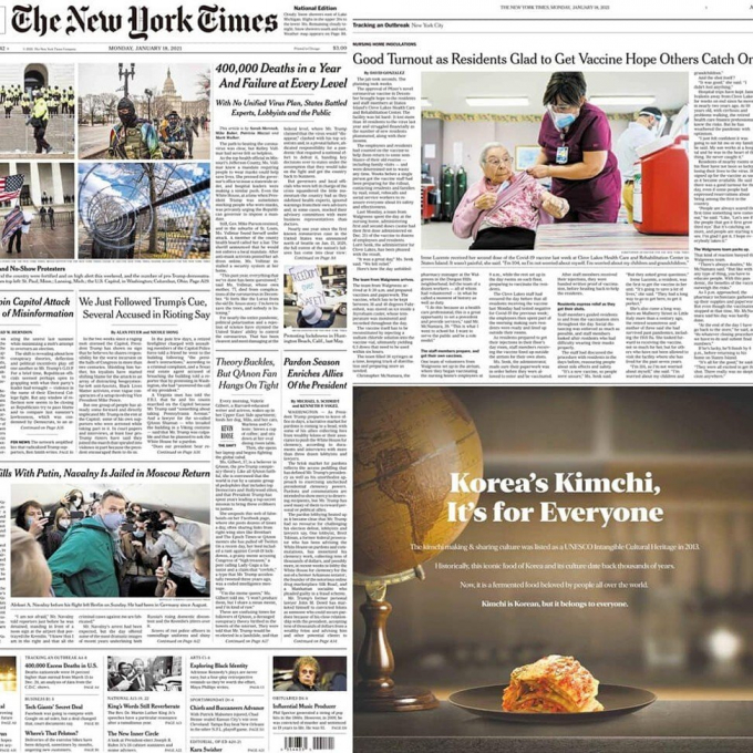 Bài giới thiệu và hình ảnh món kim chi của Hàn Quốc được đăng trên tờ The New York Times hôm 18/1. Ảnh: Twitter@ seokyoungdukPR