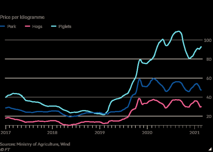 Biểu đồ mô tả giá thịt lợn (xanh thẫm), lợn hơi (đỏ) và lợn con (xanh nhạt) tại Trung Quốc- đơn vị nhân dân tệ/kg từ năm 2017 đến nay. Nguồn: Bộ Nông nghiệp Trung Quốc 