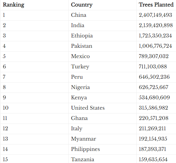 Bảng xếp hạng 15 quốc gia trồng được nhiều cây xanh nhất thế giới trong năm 2019. Nguồn: WTM