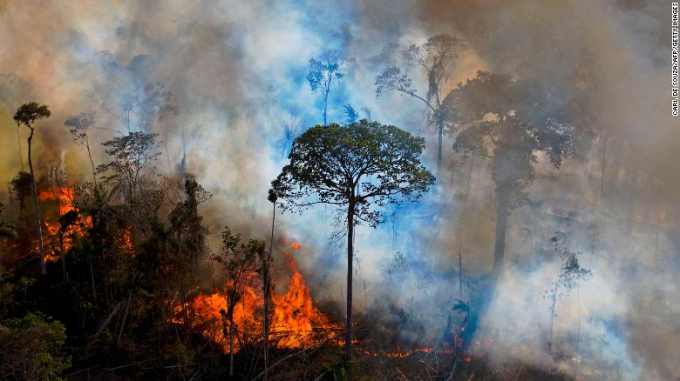 Một đám cháy rừng do con người gây ra để lấy đất trồng đậu nành và chăn thả gia súc thuộc rừng Amazon, phía nam bang Para, Brazil, hồi tháng 8 năm 2020. Ảnh: CNN