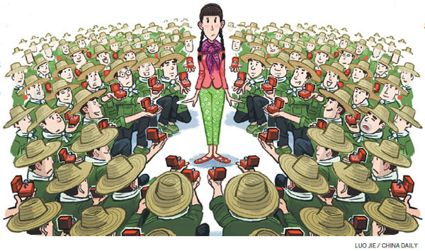 Biếm họa của Lou Jie trên Chinadaily về 'cuộc khủng hoảng thiếu cô dâu' của nam giới nông thôn Trung Quốc.
