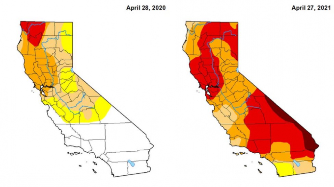 Biểu đồ mô tả tình trạng hạn hán ở bang California tháng 4/2020 và tháng 4/2021. Đồ họa: LAT
