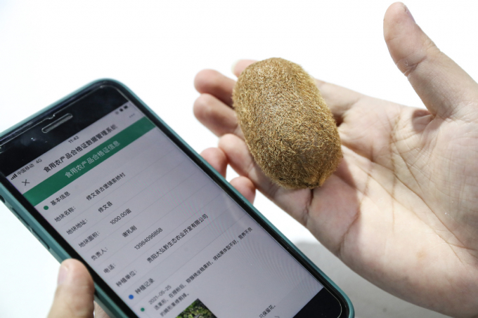 Tất cả các thông tin về trái kiwi này được truy xuất nguồn gốc, xuất xứ và hiển thị trên màn hình smartphone nhờ sự hỗ trợ của dữ liệu lớn về các sản phẩm nông nghiệp tại triển lãm Big Data. Ảnh: Tân Hoa xã