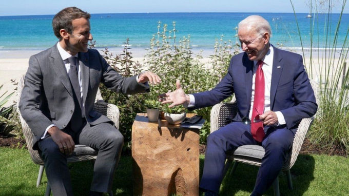 After the summit US President Joe Biden - shown here with President Macron of France - will have tea with the Queen