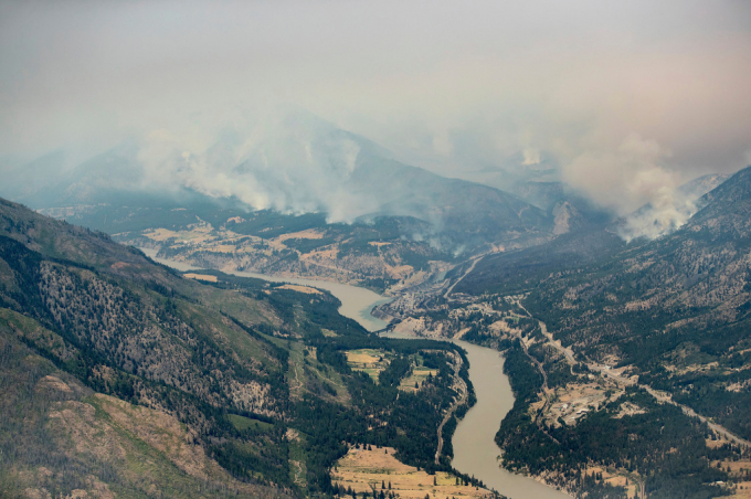 A wildfire burns in the mountains north of Lytton, British Columbia, on July 1, 2021. AP