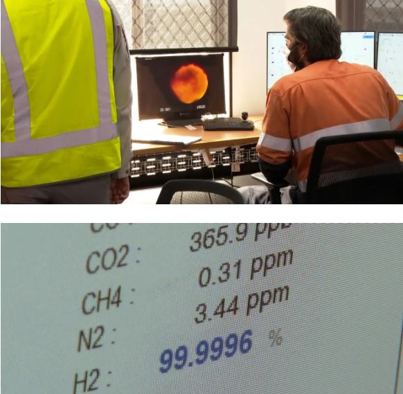 Khi than nâu được đốt nóng, nó giải phóng một số khí bao gồm hydro, carbon dioxide và nitơ. Hydro sau đó được tách ra khỏi các khí khác để được tinh chế để sử dụng. Ảnh: NHK